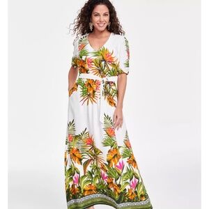 NWT I.N.C. Women's Printed V-Neck Tie-Waist Tropical Dress